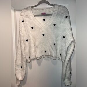 Miami White Valentines V-Neck Cropped Sweater with Embroidered Black Hearts